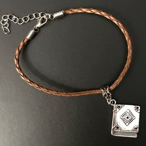Brown Braided Leather Book Charm Bracelet